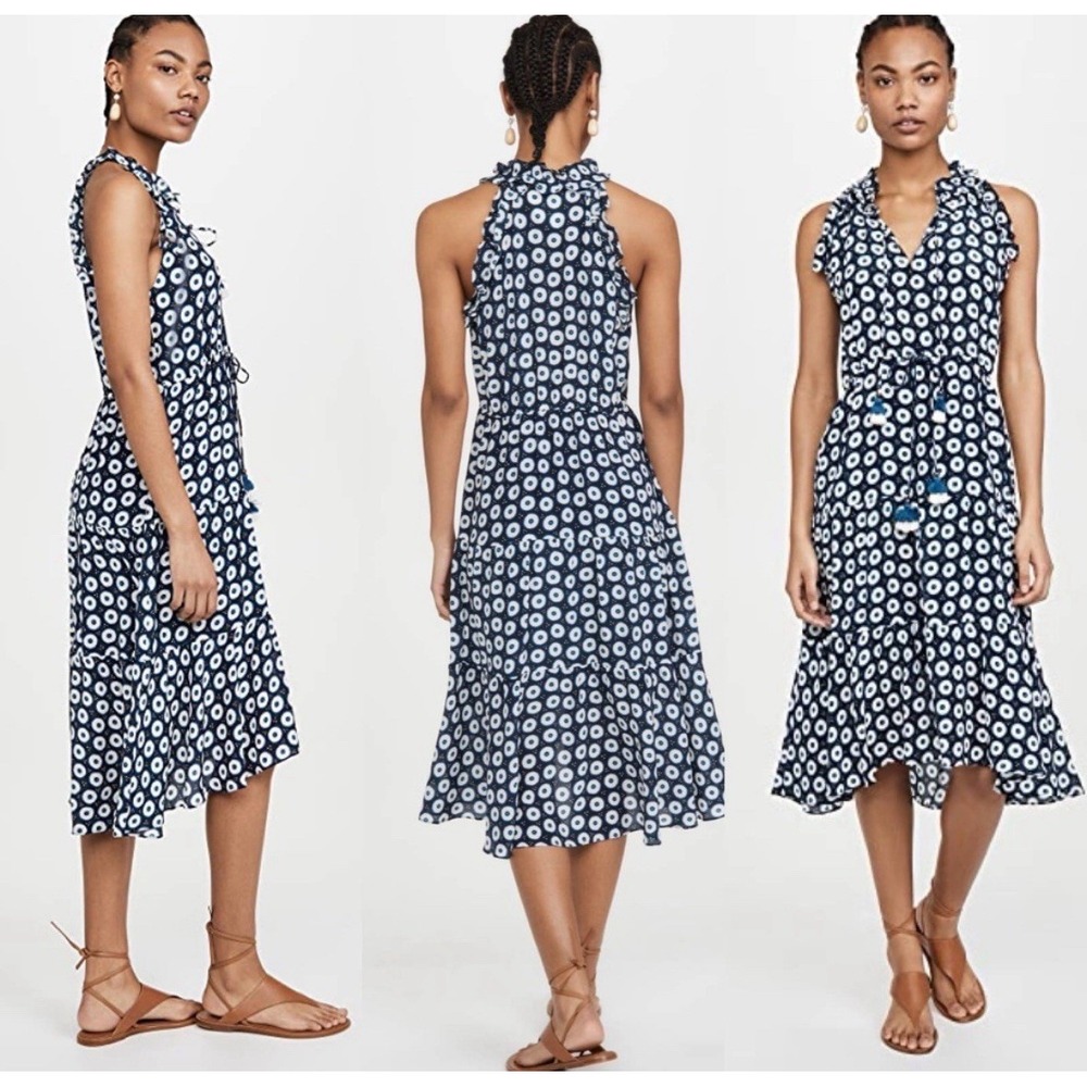 Figue Gabriella 100% Silk‎ Midi Dress in Blue Narcisse Dot Midnight Size XL